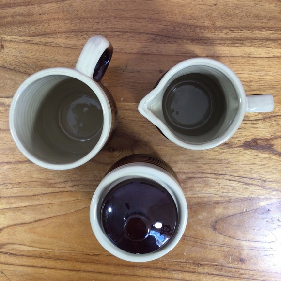 Vintage Three Tone Brown Ribbed Stoneware Covered Sugar Creamer Mug Set - Picture 10 of 12